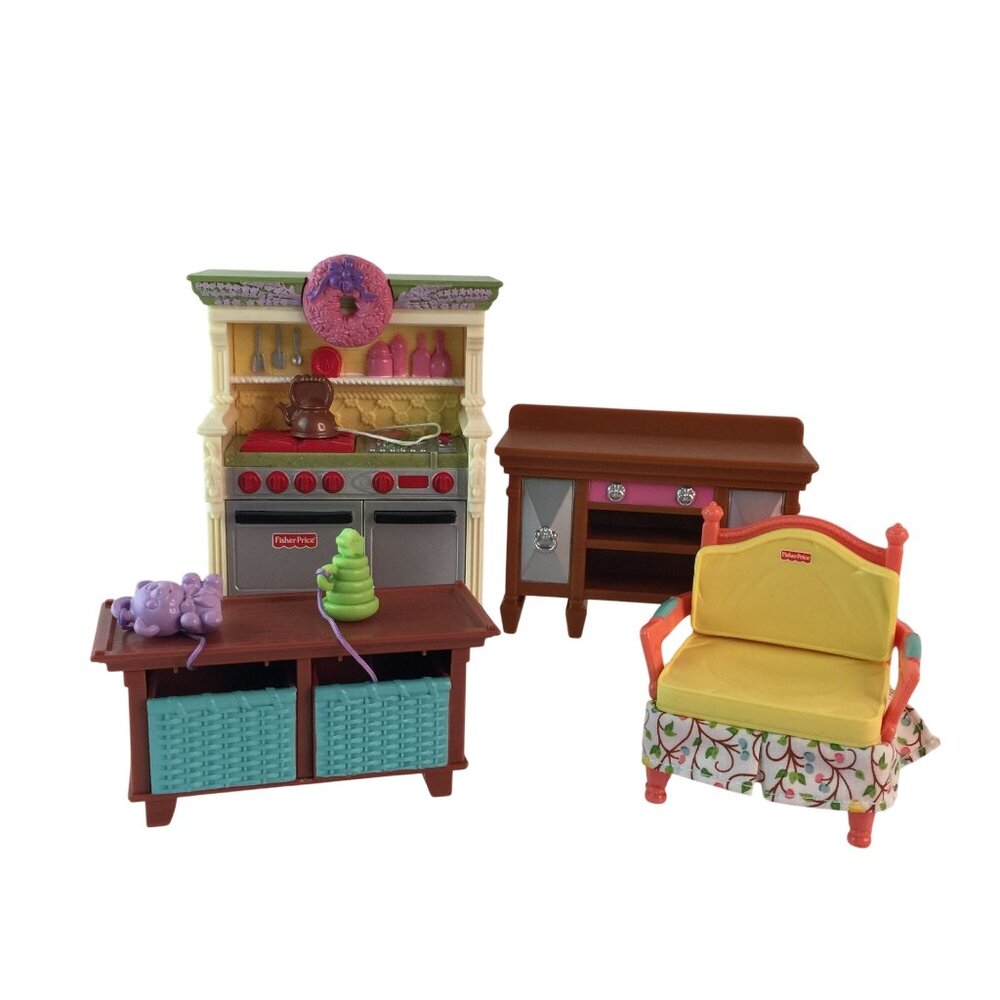 Fisher Price Loving Family Dollhouse Kitchen Stove Hutch Toy Chest Arm Chair‎